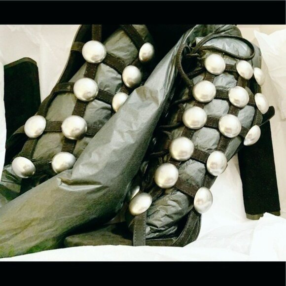 Alexander Wang Heels 7.5 Black Rubie Pearl Cage Strappy Designer Edgy Cocktail - Picture 4 of 8